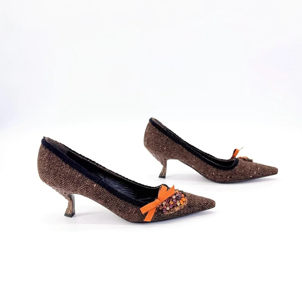 Prada Brown Wool Tweed Kitten Heel Pumps IT 37 US 7 Crystal Bow Pointed Toe - Picture 3 of 12